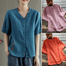 Load image into Gallery viewer, Loose Embroidered V-Neck Short Sleeve T-Shirt