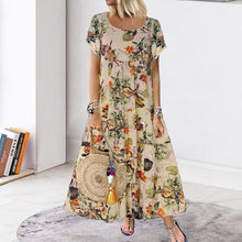 Load image into Gallery viewer, Vintage Cotton Linen Floral Print Short Sleeve Crew Neck Dress