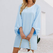 Load image into Gallery viewer, Solid Color V-Neck Puff Sleeve Loose Dress