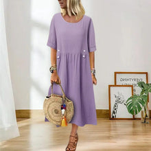 Load image into Gallery viewer, Women's Crew Neck Ruched Button Cotton Linen Dress