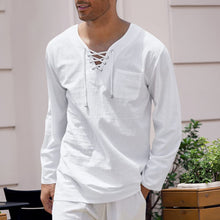 Load image into Gallery viewer, Men's Cotton Linen Casual Lace-Up V-Neck Long Sleeve T-Shirt