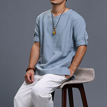 Load image into Gallery viewer, Men's Long-sleeved V-neck Linen Loose Shirt