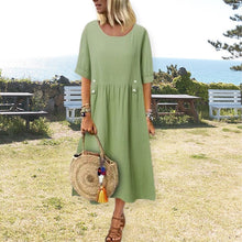Load image into Gallery viewer, Women's Crew Neck Ruched Button Cotton Linen Dress