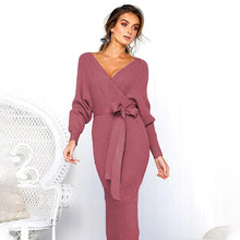 Load image into Gallery viewer, Elegant V-Neck Wrap Sweater Dress
