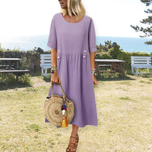 Load image into Gallery viewer, Women's Crew Neck Ruched Button Cotton Linen Dress