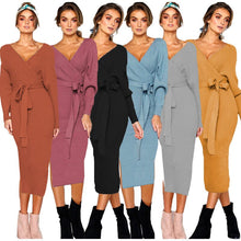 Load image into Gallery viewer, Elegant V-Neck Wrap Sweater Dress
