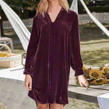 Load image into Gallery viewer, Long-Sleeve V-Neck Panel Gold Velvet Dress