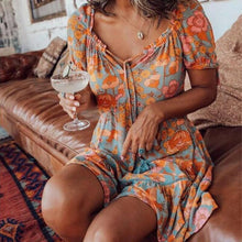 Load image into Gallery viewer, Printed V-Neck Short Sleeve Cotton Linen Dress