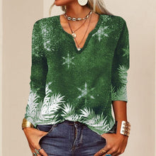 Load image into Gallery viewer, Long Sleeve Floral Christmas V-Neck Button T-Shirt