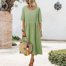 Load image into Gallery viewer, Women's Crew Neck Ruched Button Cotton Linen Dress