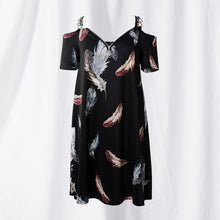 Load image into Gallery viewer, Feather Print Cold Shoulder Pocket Design Casual Dress
