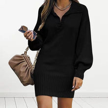 Load image into Gallery viewer, Lapel Lantern Sleeve Knit Solid Color Sweater Dress