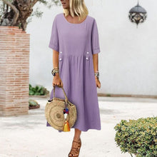 Load image into Gallery viewer, Women's Crew Neck Ruched Button Cotton Linen Dress