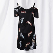Load image into Gallery viewer, Feather Print Cold Shoulder Pocket Design Casual Dress
