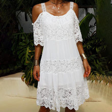 Load image into Gallery viewer, Lace Solid Shift Cold Shoulder Short Sleeves Midi Elegant Dresses