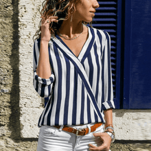 Load image into Gallery viewer, Women Shirt V-neck Striped Print Blouse