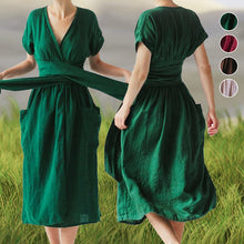 Load image into Gallery viewer, Cotton Linen Waist-Tie Pocket Dress