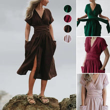 Load image into Gallery viewer, Cotton Linen Waist-Tie Pocket Dress