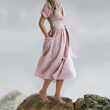Load image into Gallery viewer, Cotton Linen Waist-Tie Pocket Dress