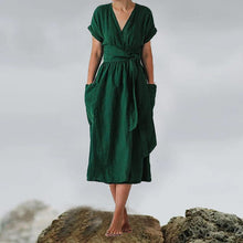Load image into Gallery viewer, Cotton Linen Waist-Tie Pocket Dress