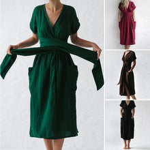 Load image into Gallery viewer, Cotton Linen Waist-Tie Pocket Dress