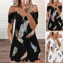 Load image into Gallery viewer, Feather Print Cold Shoulder Pocket Design Casual Dress