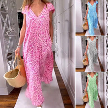 Load image into Gallery viewer, V-neck printed long dress with short sleeves