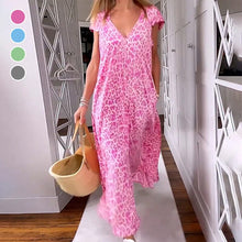 Load image into Gallery viewer, V-neck printed long dress with short sleeves