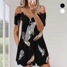 Load image into Gallery viewer, Feather Print Cold Shoulder Pocket Design Casual Dress