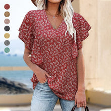 Load image into Gallery viewer, Short-sleeved blouse with V-neck and flower print
