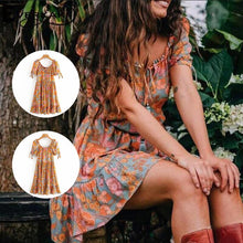 Load image into Gallery viewer, Printed V-Neck Short Sleeve Cotton Linen Dress