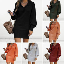 Load image into Gallery viewer, Lapel Lantern Sleeve Knit Solid Color Sweater Dress