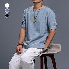Load image into Gallery viewer, Men's Long-sleeved V-neck Linen Loose Shirt