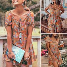Load image into Gallery viewer, Printed V-Neck Short Sleeve Cotton Linen Dress