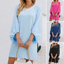 Load image into Gallery viewer, Solid Color V-Neck Puff Sleeve Loose Dress