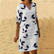 Load image into Gallery viewer, Ladies Printed Linen Short Sleeve V-Neck Dress