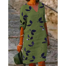 Load image into Gallery viewer, Ladies Printed Linen Short Sleeve V-Neck Dress
