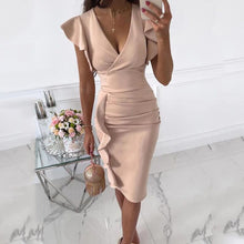 Load image into Gallery viewer, V-Neck Ruffle Hem Ruched Dress