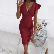 Load image into Gallery viewer, V-Neck Ruffle Hem Ruched Dress