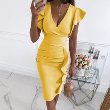 Load image into Gallery viewer, V-Neck Ruffle Hem Ruched Dress