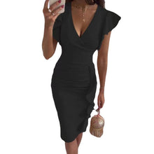 Load image into Gallery viewer, V-Neck Ruffle Hem Ruched Dress