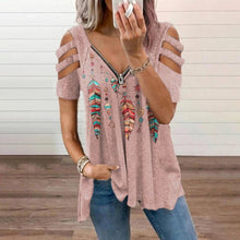 Load image into Gallery viewer, V-Neck Zip Pullover Print Short Sleeves