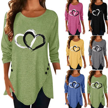 Load image into Gallery viewer, Women's Heart Print Irregular Long Sleeve T-shirt
