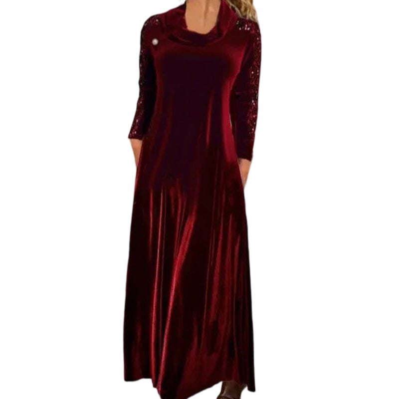 Lace Panel Velvet Long-Sleeve Maxi Dress