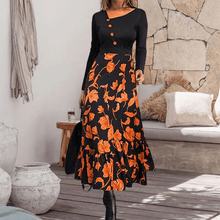 Load image into Gallery viewer, Black Print Long Sleeve Button Dress