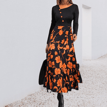 Load image into Gallery viewer, Black Print Long Sleeve Button Dress