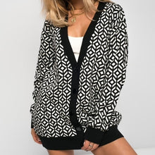 Load image into Gallery viewer, Color Block Plaid Knit V-Neck Cardigan