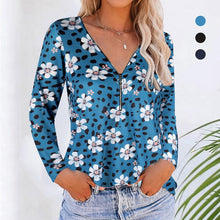 Load image into Gallery viewer, Floral Zipper V-neck Long Sleeves Shirt