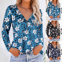 Load image into Gallery viewer, Floral Zipper V-neck Long Sleeves Shirt
