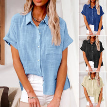 Load image into Gallery viewer, Women's Solid Color Pocket Short Sleeve Cotton Linen Shirt